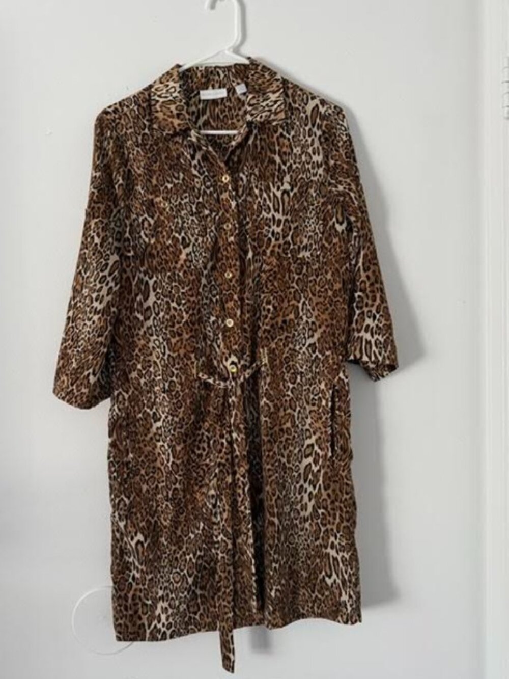 New York & Company Leopard Print Shirt Dress Size M Button Front Belted